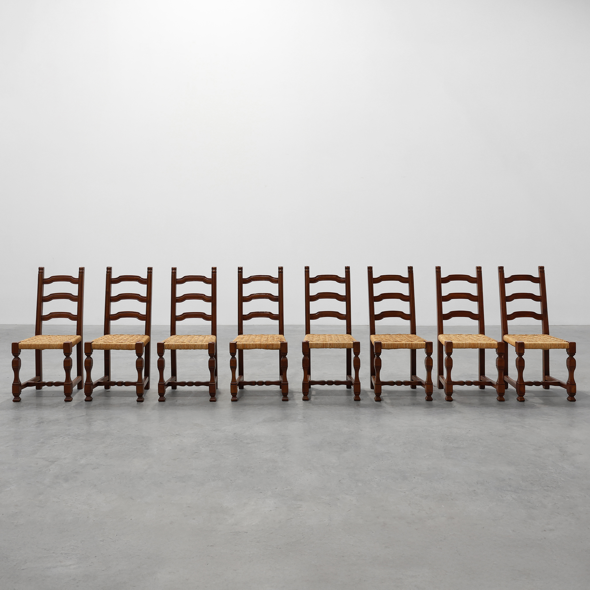 Set of 8 Brutalist Mid-Century Chairs in Wood and Wicker, Belgium ca. 1970-img